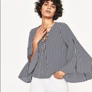 Zara Basic Collection Striped Front Lace up Top